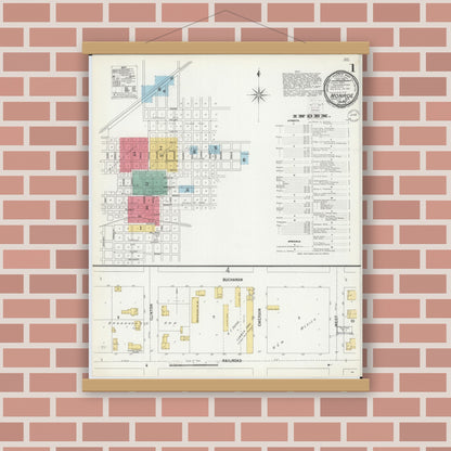Old map wall art mockup — magnetic wood frame on brick wall — Sanborn Fire Insurance Map from Monroe, Green County, Wisconsin (1900), Sheet #0001