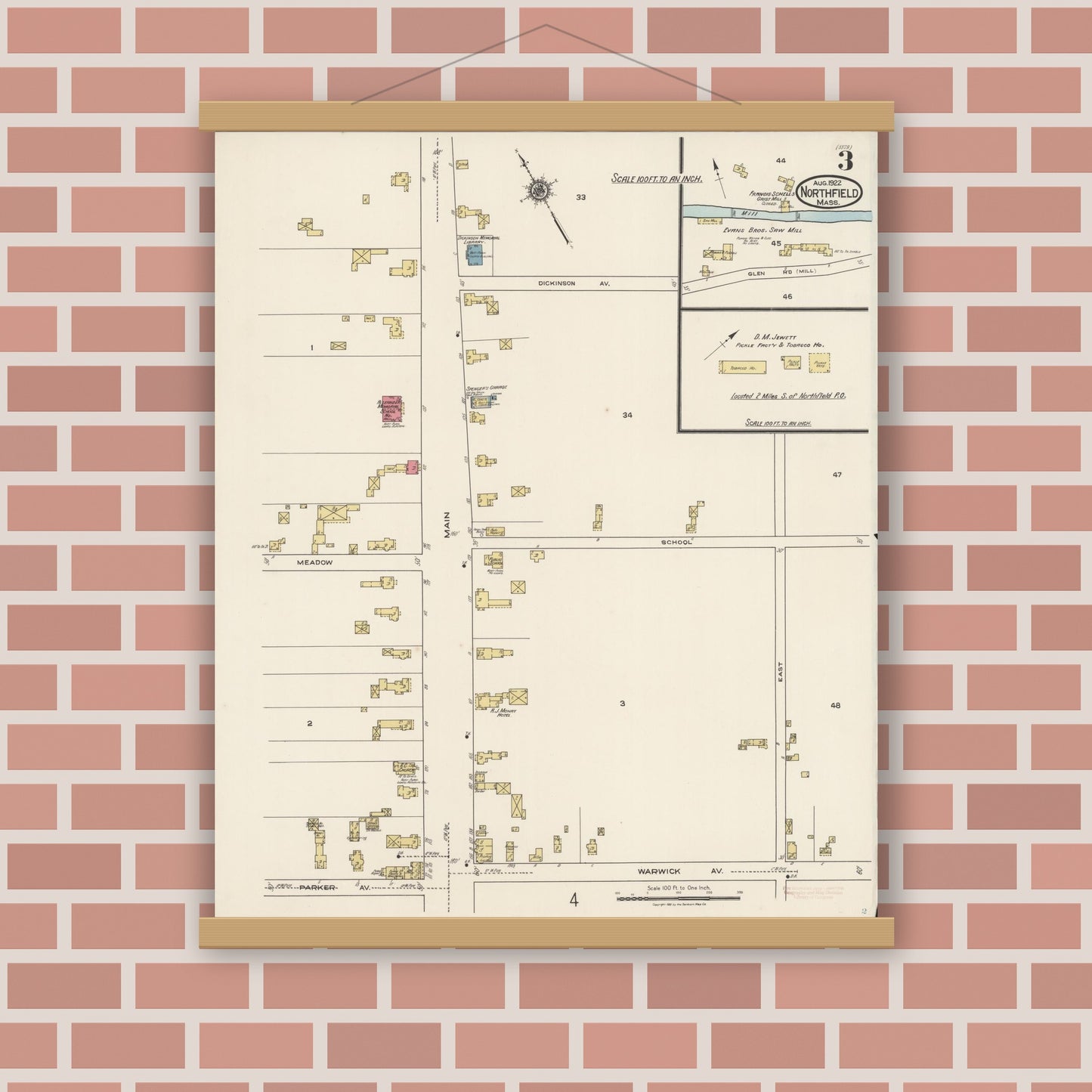 Old map wall art mockup — magnetic wood frame on brick wall — Sanborn Fire Insurance Map from Northfield, Franklin County, Massachusetts (1922), Sheet #0003