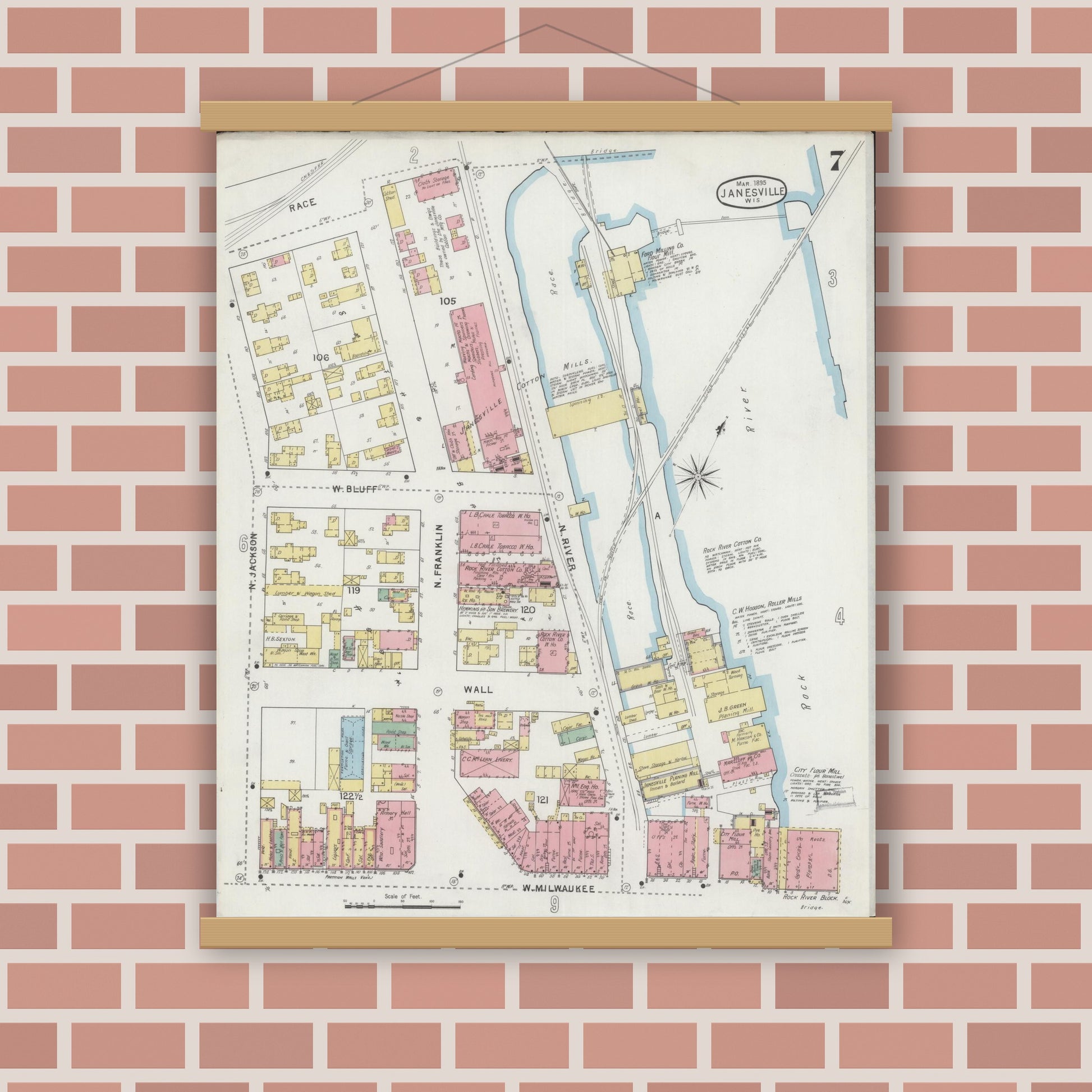 Old map wall art mockup — magnetic wood frame on brick wall — Sanborn Fire Insurance Map from Janesville, Rock County, Wisconsin (1895), Sheet #0007