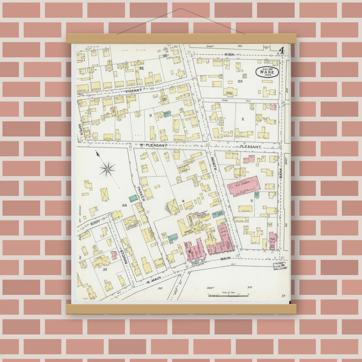Old map wall art mockup — magnetic wood frame on brick wall — Sanborn Fire Insurance Map from Ware, Hampshire County, Massachusetts (1892), Sheet #0004