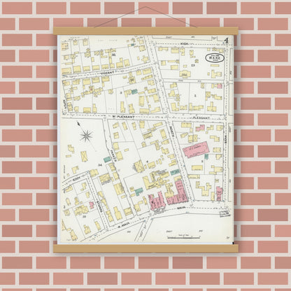 Old map wall art mockup — magnetic wood frame on brick wall — Sanborn Fire Insurance Map from Ware, Hampshire County, Massachusetts (1892), Sheet #0004