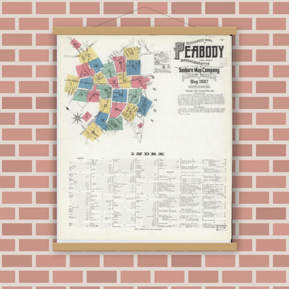 Old map wall art mockup — magnetic wood frame on brick wall — Sanborn Fire Insurance Map from Peabody, Essex County, Massachusetts (1907) - Complete Map Set