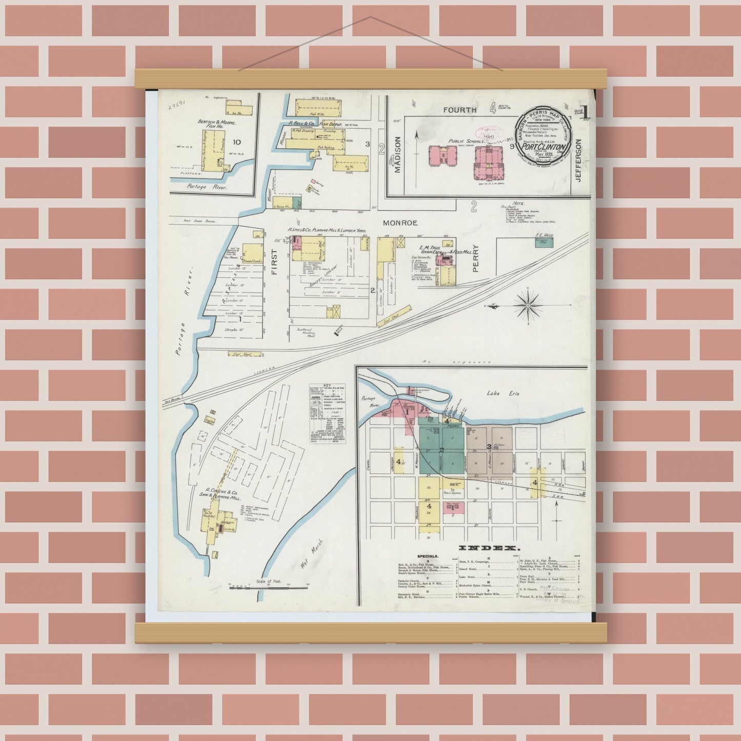 Old map wall art mockup — magnetic wood frame on brick wall — Sanborn Fire Insurance Map from Port Clinton, Ottawa County, Ohio (1893), Sheet #0001