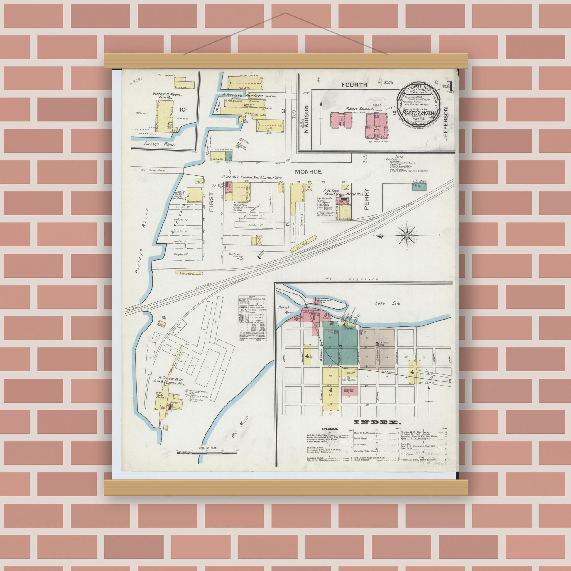 Old map wall art mockup — magnetic wood frame on brick wall — Sanborn Fire Insurance Map from Port Clinton, Ottawa County, Ohio (1893), Sheet #0001