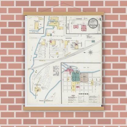 Old map wall art mockup — magnetic wood frame on brick wall — Sanborn Fire Insurance Map from Port Clinton, Ottawa County, Ohio (1893), Sheet #0001