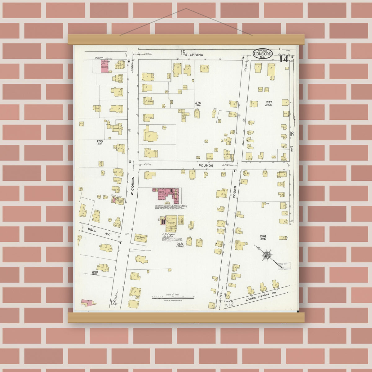 Old map wall art mockup — magnetic wood frame on brick wall — Sanborn Fire Insurance Map from Concord, Cabarrus County, North Carolina (1921), Sheet #0014