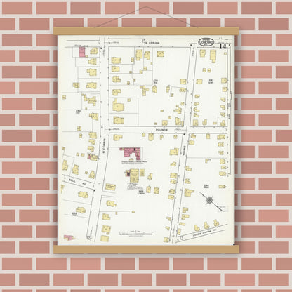 Old map wall art mockup — magnetic wood frame on brick wall — Sanborn Fire Insurance Map from Concord, Cabarrus County, North Carolina (1921), Sheet #0014