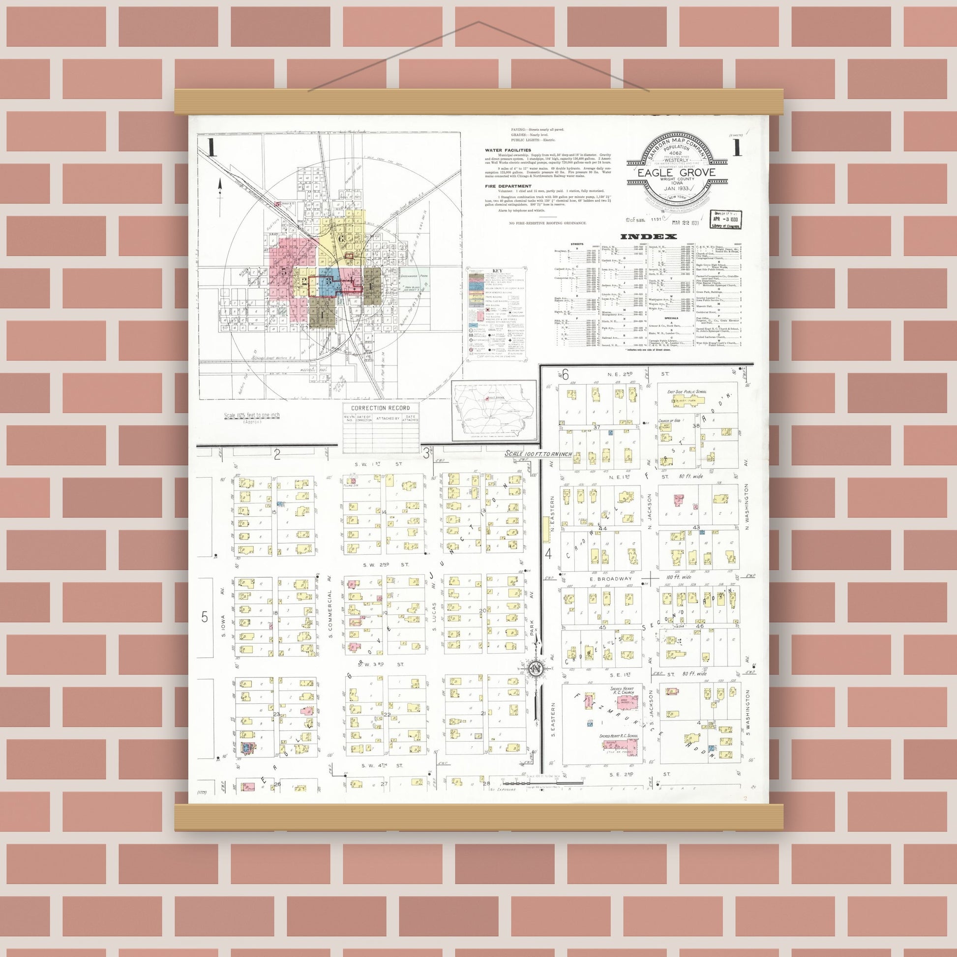 Old map wall art mockup — magnetic wood frame on brick wall — Sanborn Fire Insurance Map from Eagle Grove, Wright County, Iowa (1933) â€” Complete Set