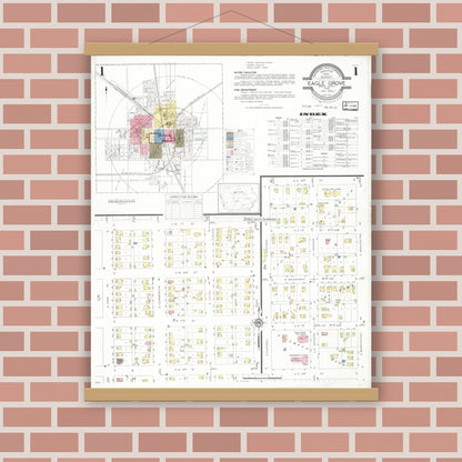 Old map wall art mockup — magnetic wood frame on brick wall — Sanborn Fire Insurance Map from Eagle Grove, Wright County, Iowa (1933) â€” Complete Set