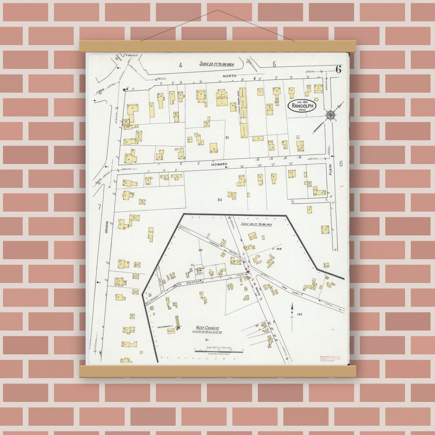 Old map wall art mockup — magnetic wood frame on brick wall — Sanborn Fire Insurance Map from Randolph, Norfolk County, Massachusetts (1919), Sheet #0006