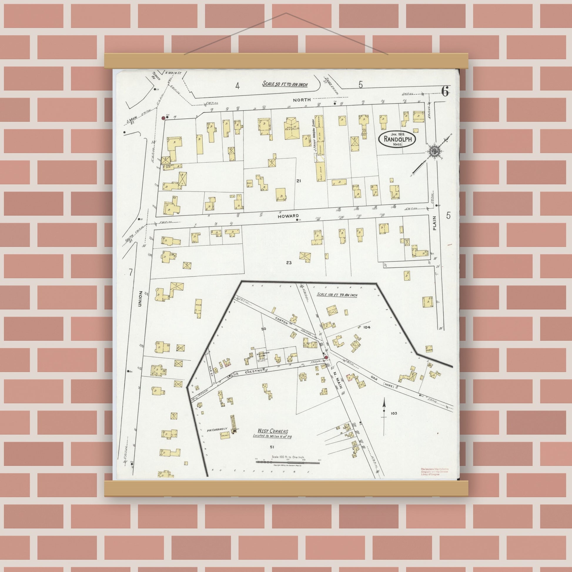 Old map wall art mockup — magnetic wood frame on brick wall — Sanborn Fire Insurance Map from Randolph, Norfolk County, Massachusetts (1919), Sheet #0006