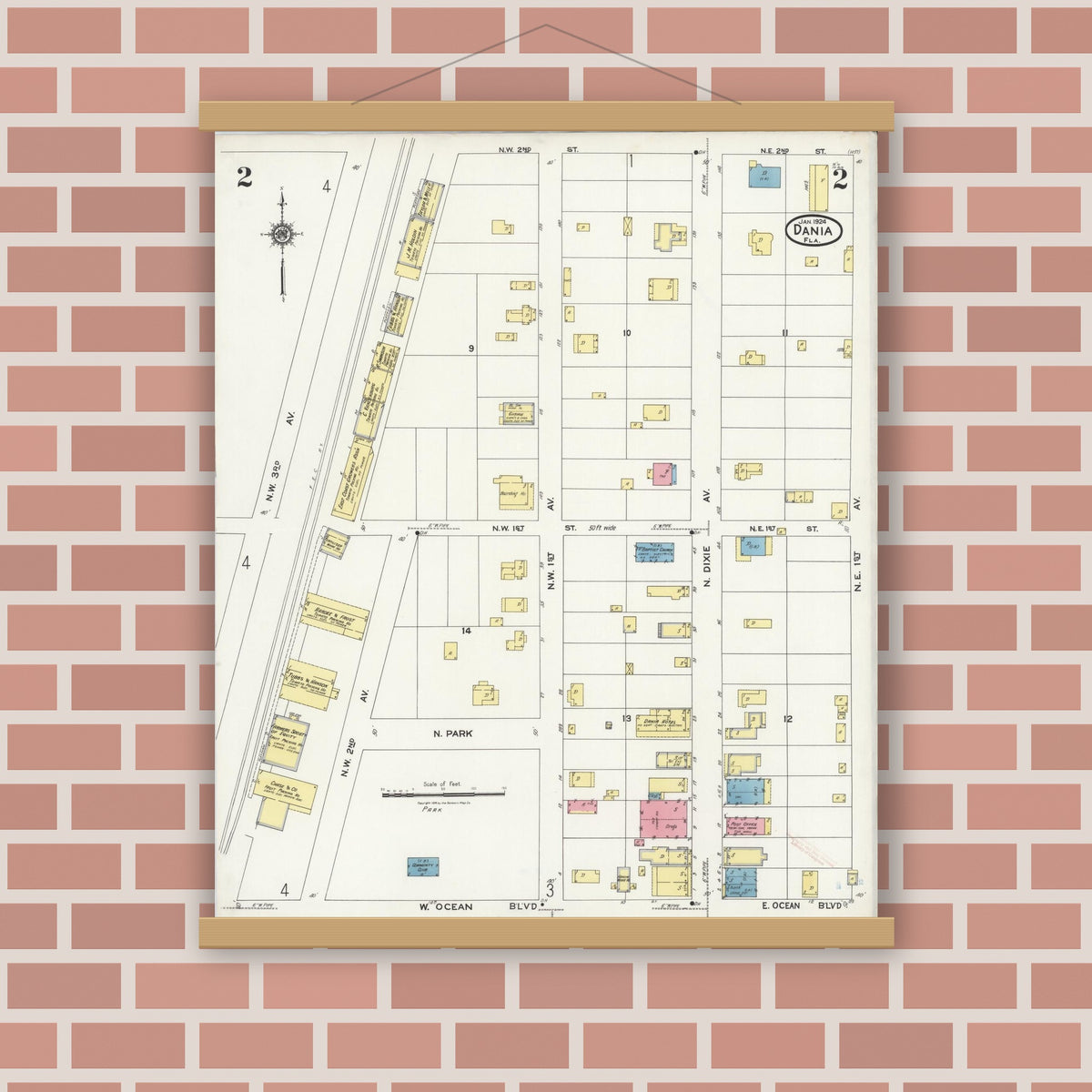 Old map wall art mockup — magnetic wood frame on brick wall — Sanborn Fire Insurance Map from Dania, Broward County, Florida (1924), Sheet #0002