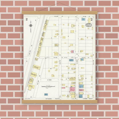 Old map wall art mockup — magnetic wood frame on brick wall — Sanborn Fire Insurance Map from Dania, Broward County, Florida (1924), Sheet #0002