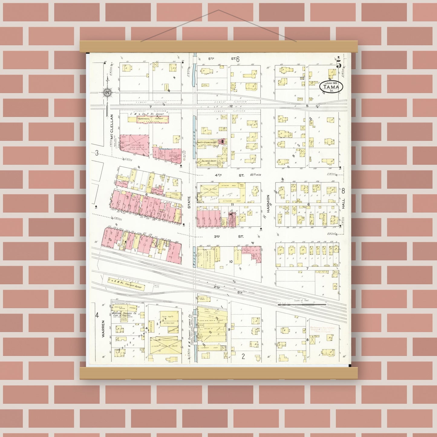 Old map wall art mockup — magnetic wood frame on brick wall — Sanborn Fire Insurance Map from Tama, Tama County, Iowa (1915), Sheet #0005