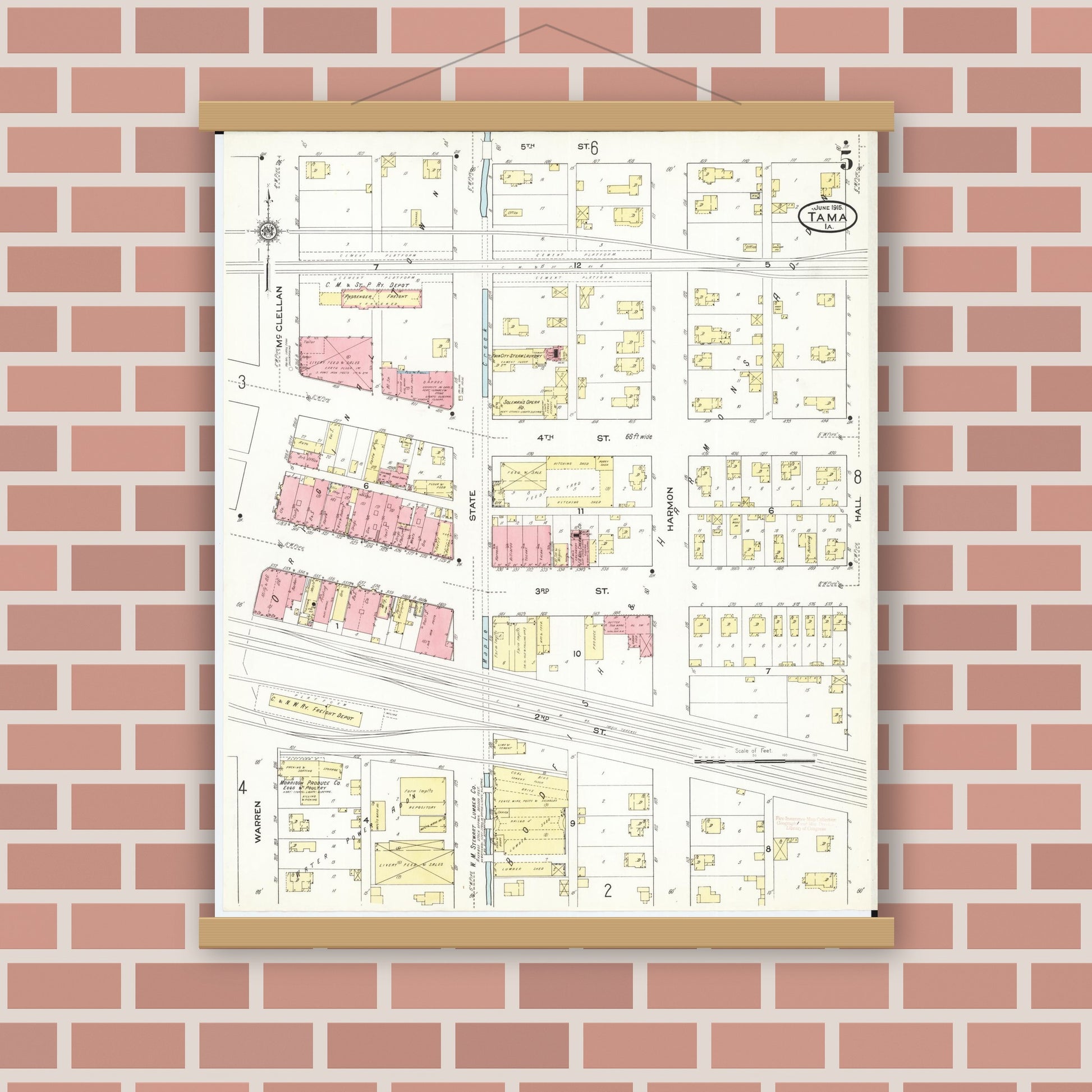 Old map wall art mockup — magnetic wood frame on brick wall — Sanborn Fire Insurance Map from Tama, Tama County, Iowa (1915), Sheet #0005