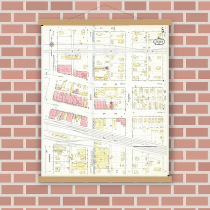 Old map wall art mockup — magnetic wood frame on brick wall — Sanborn Fire Insurance Map from Tama, Tama County, Iowa (1915), Sheet #0005