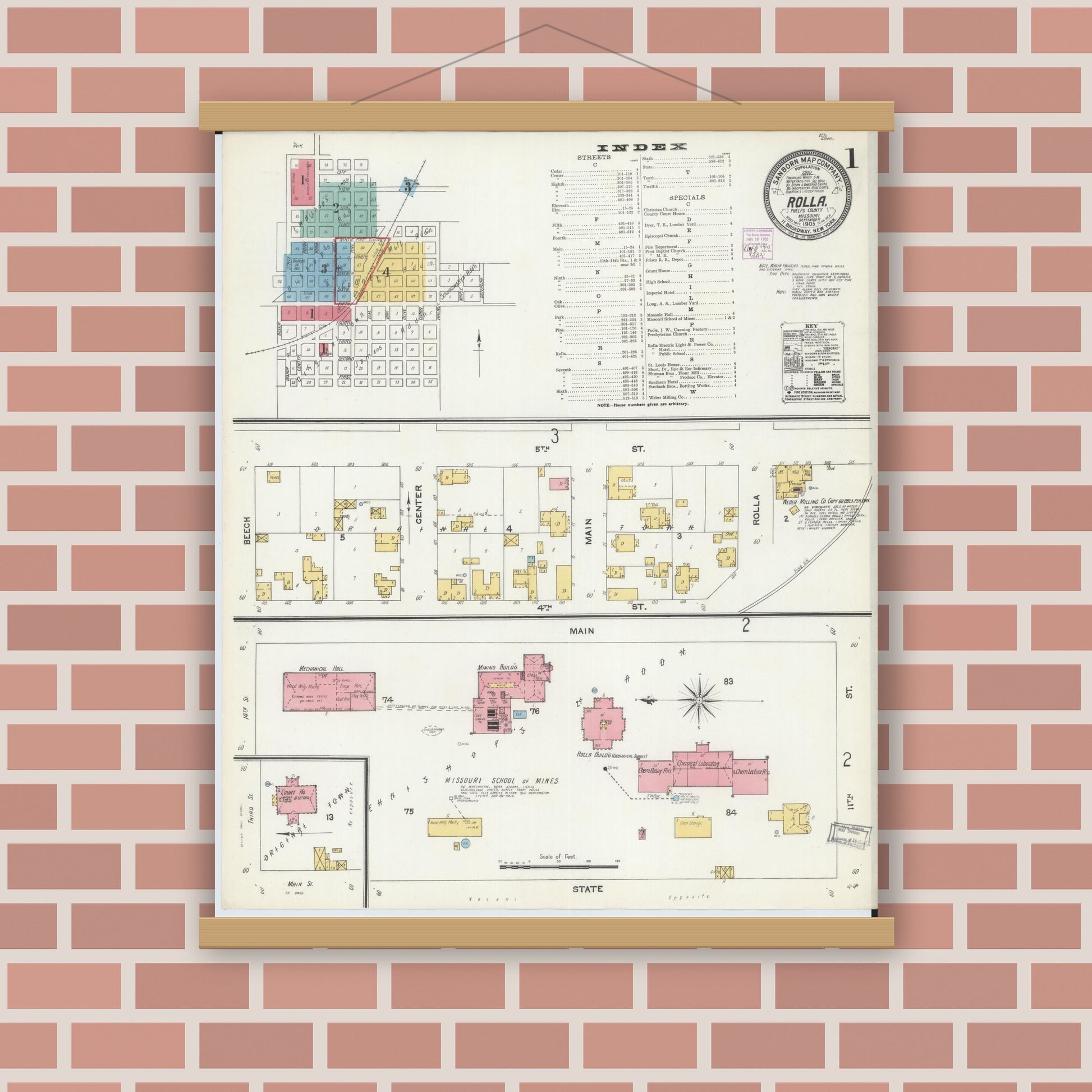 Old map wall art mockup — magnetic wood frame on brick wall — Sanborn Fire Insurance Map from Rolla, Phelps County, Missouri (1905) - Complete Map Set
