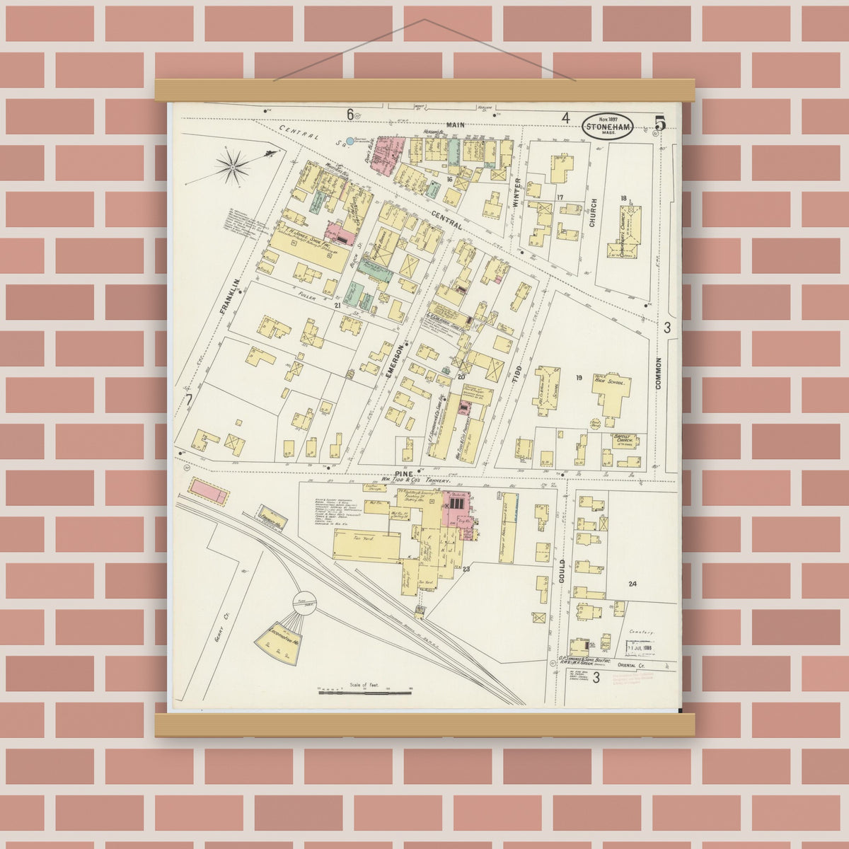 Old map wall art mockup — magnetic wood frame on brick wall — Sanborn Fire Insurance Map from Stoneham, Middlesex County, Massachusetts (1897), Sheet #0005