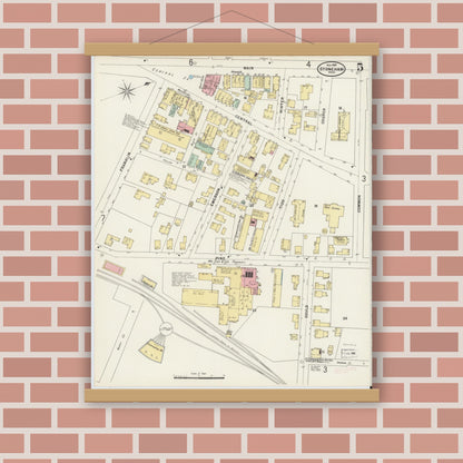 Old map wall art mockup — magnetic wood frame on brick wall — Sanborn Fire Insurance Map from Stoneham, Middlesex County, Massachusetts (1897), Sheet #0005