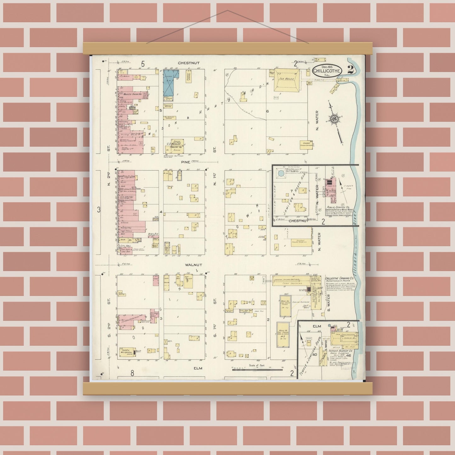 Old map wall art mockup — magnetic wood frame on brick wall — Sanborn Fire Insurance Map from Chillicothe, Peoria County, Illinois (1913), Sheet #0002