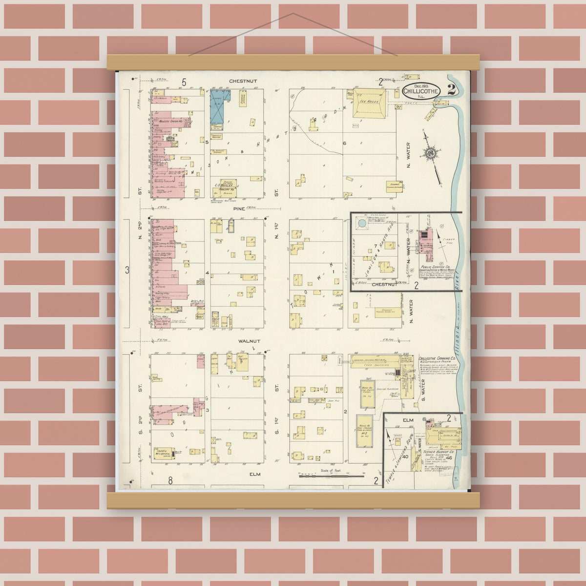 Old map wall art mockup — magnetic wood frame on brick wall — Sanborn Fire Insurance Map from Chillicothe, Peoria County, Illinois (1913), Sheet #0002