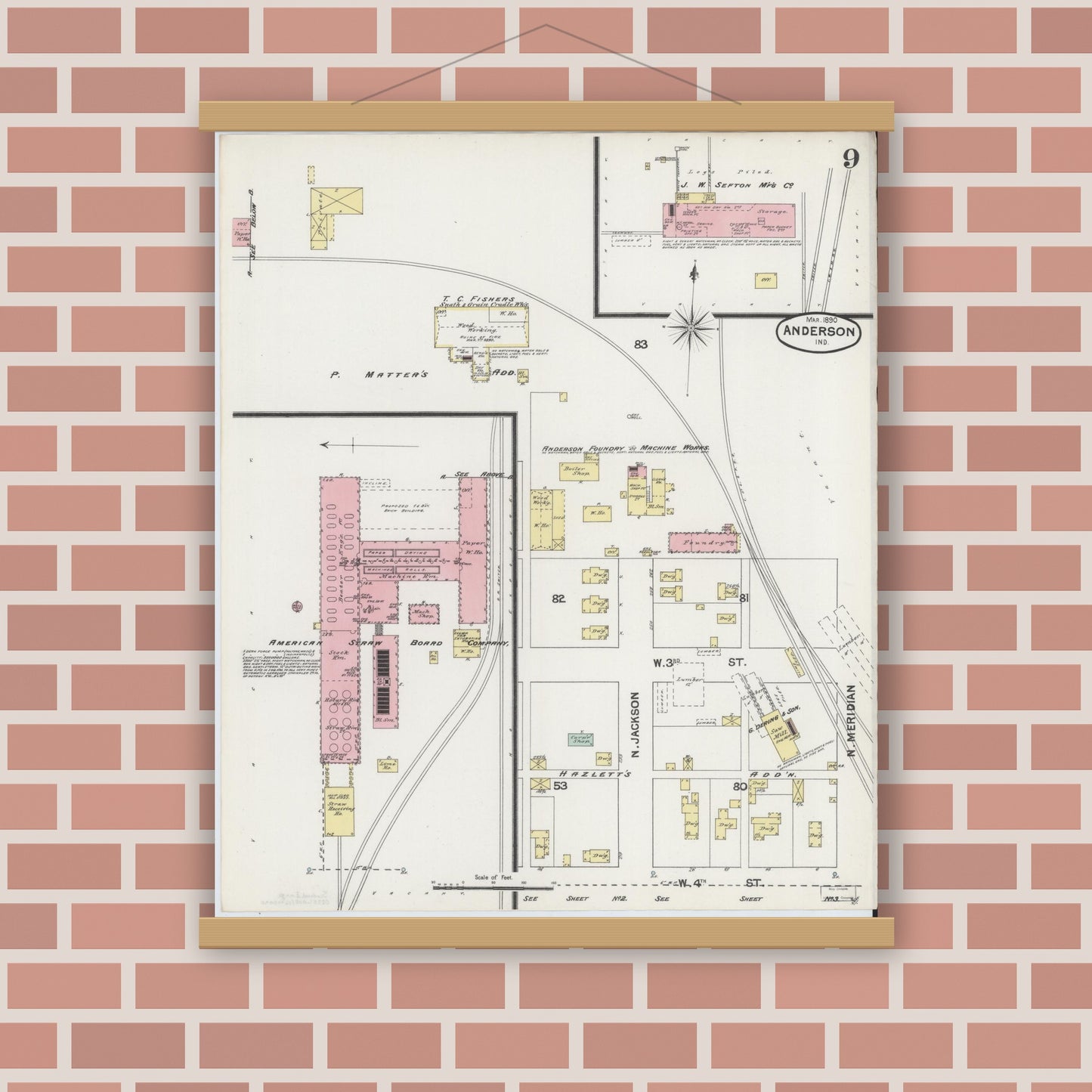 Old map wall art mockup — magnetic wood frame on brick wall — Sanborn Fire Insurance Map from Anderson, Madison County, Indiana (1890), Sheet #0009