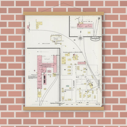 Old map wall art mockup — magnetic wood frame on brick wall — Sanborn Fire Insurance Map from Anderson, Madison County, Indiana (1890), Sheet #0009