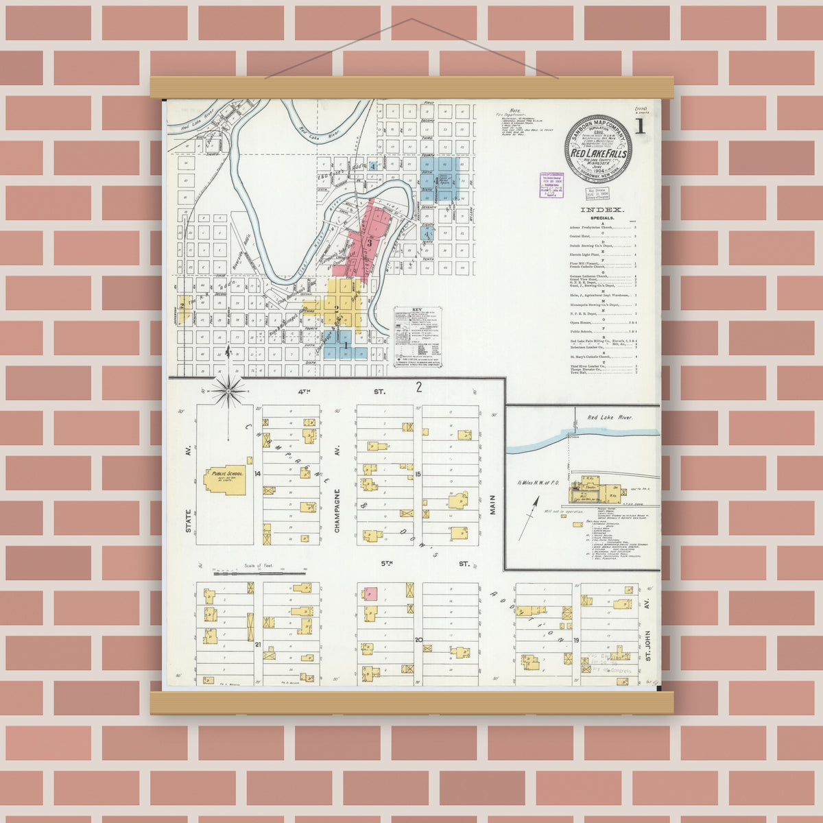 Old map wall art mockup — magnetic wood frame on brick wall — Sanborn Fire Insurance Map from Red Lake Falls, Red Lake County, Minnesota (1904) - Complete Map Set