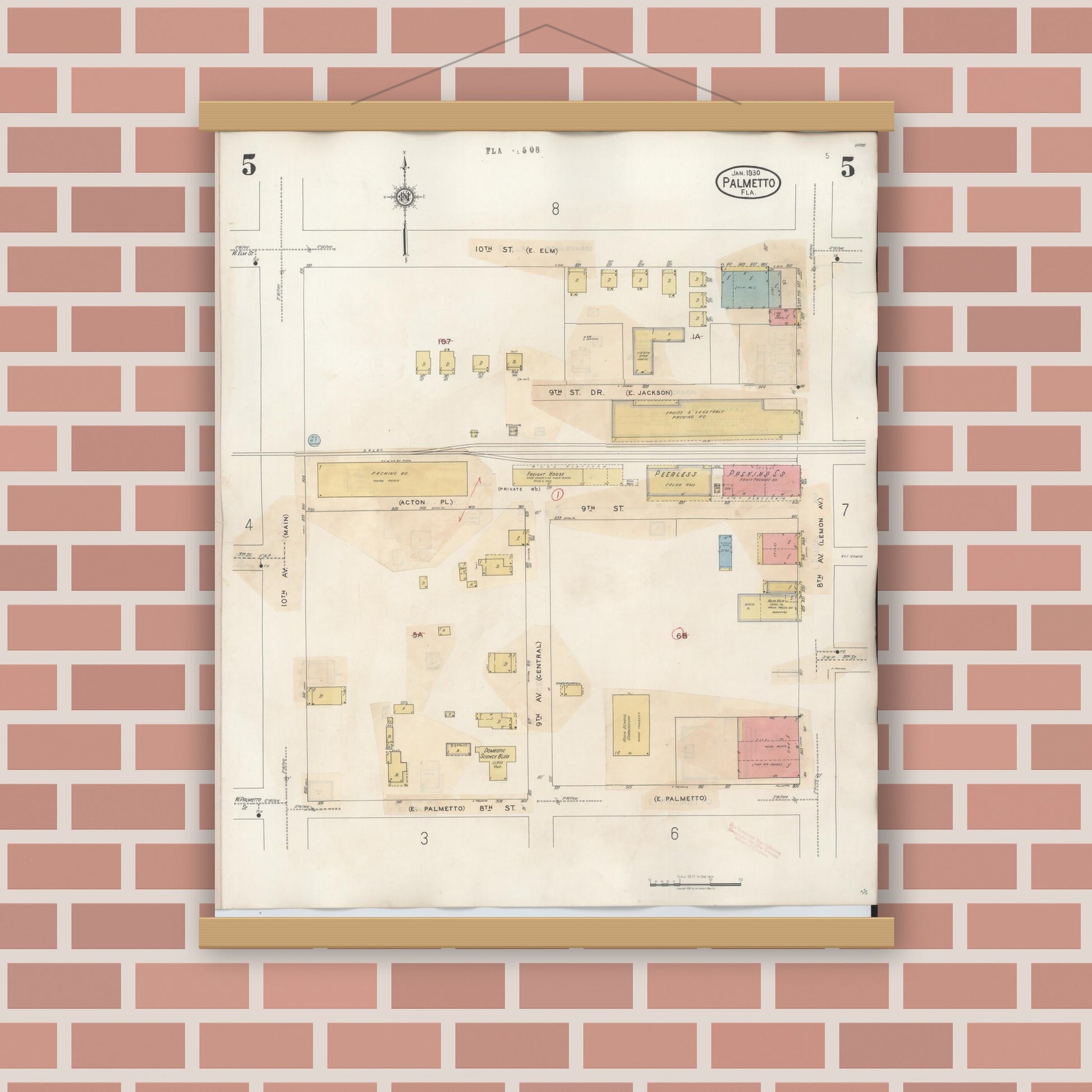 Old map wall art mockup — magnetic wood frame on brick wall — Sanborn Fire Insurance Map from Palmetto, Manatee County, Florida (1944), Sheet #0005