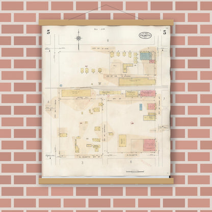 Old map wall art mockup — magnetic wood frame on brick wall — Sanborn Fire Insurance Map from Palmetto, Manatee County, Florida (1944), Sheet #0005