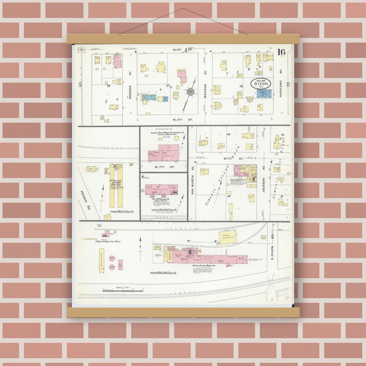 Old map wall art mockup — magnetic wood frame on brick wall — Sanborn Fire Insurance Map from Dixon, Lee County, Illinois (1910), Sheet #0016
