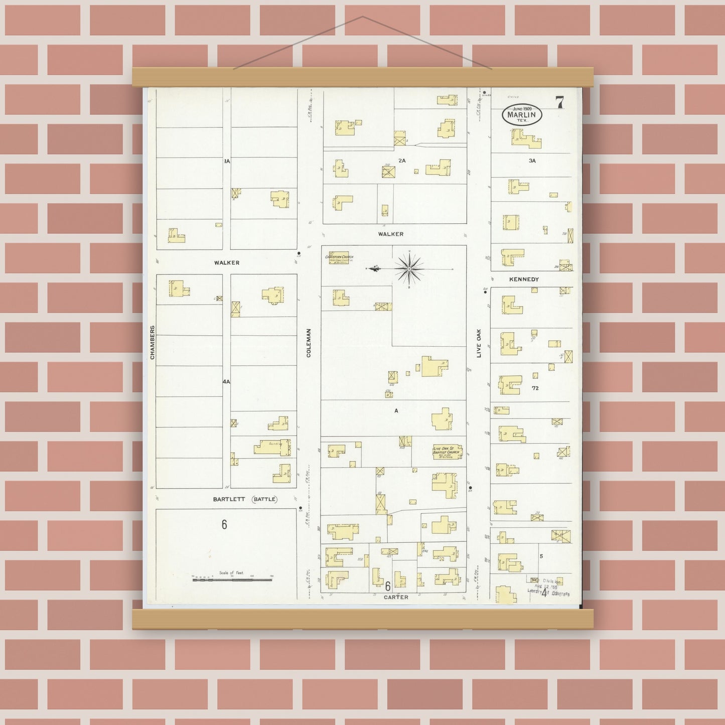 Old map wall art mockup — magnetic wood frame on brick wall — Sanborn Fire Insurance Map from Marlin, Falls County, Texas (1909), Sheet #0007