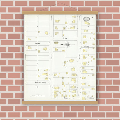 Old map wall art mockup — magnetic wood frame on brick wall — Sanborn Fire Insurance Map from Marlin, Falls County, Texas (1909), Sheet #0007