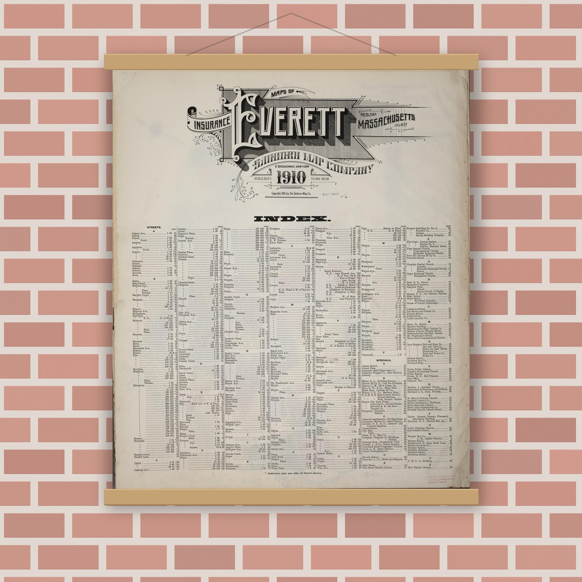 Old map wall art mockup — magnetic wood frame on brick wall — Sanborn Fire Insurance Map from Everett, Middlesex County, Massachusetts (1910), Sheet #0001