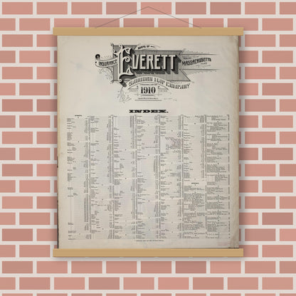 Old map wall art mockup — magnetic wood frame on brick wall — Sanborn Fire Insurance Map from Everett, Middlesex County, Massachusetts (1910), Sheet #0001