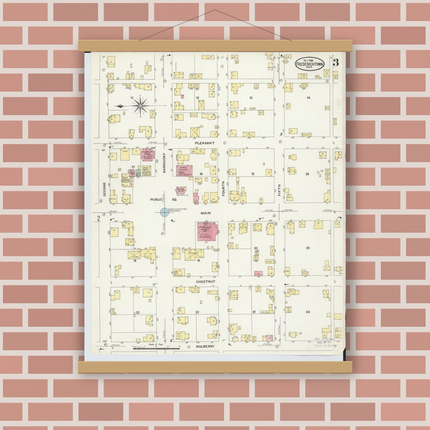 Old map wall art mockup — magnetic wood frame on brick wall — Sanborn Fire Insurance Map from Fredericktown, Knox County, Ohio (1908), Sheet #0003