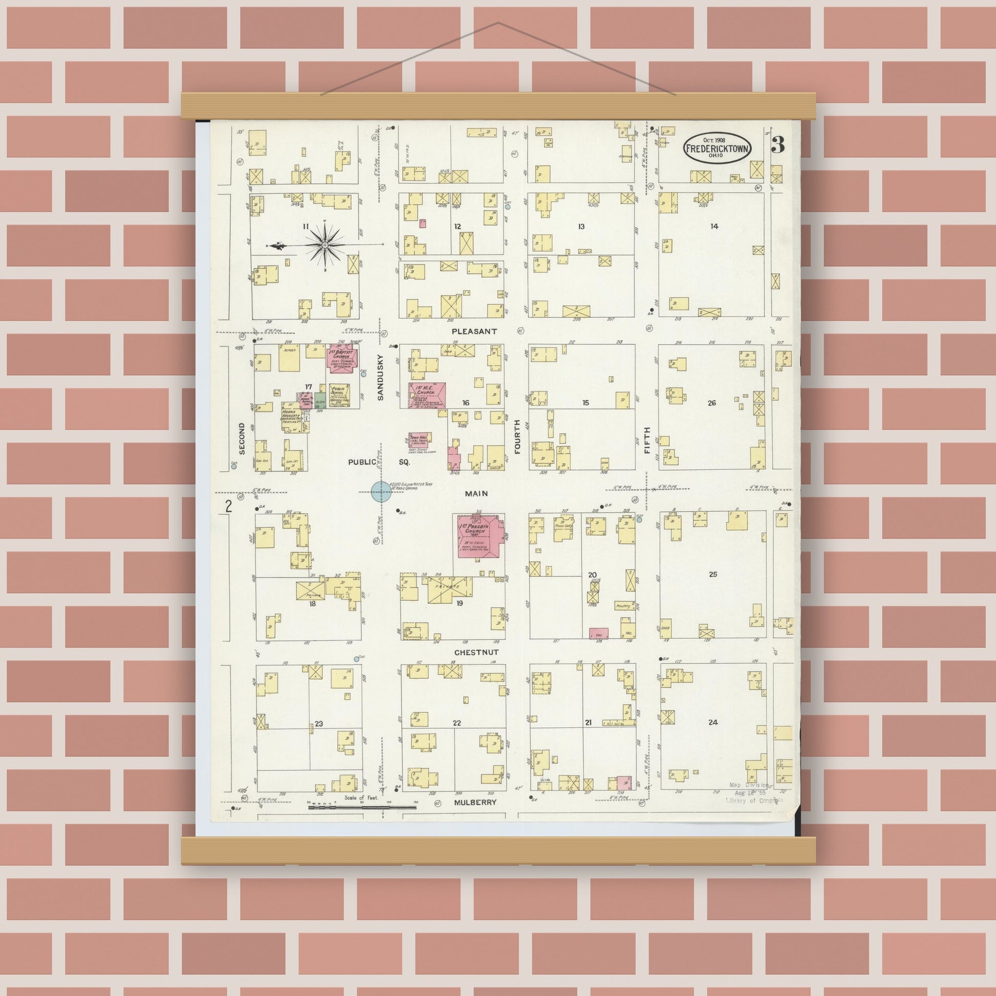 Old map wall art mockup — magnetic wood frame on brick wall — Sanborn Fire Insurance Map from Fredericktown, Knox County, Ohio (1908), Sheet #0003