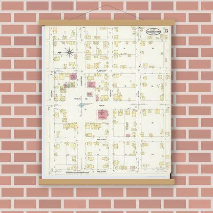Old map wall art mockup — magnetic wood frame on brick wall — Sanborn Fire Insurance Map from Fredericktown, Knox County, Ohio (1908), Sheet #0003