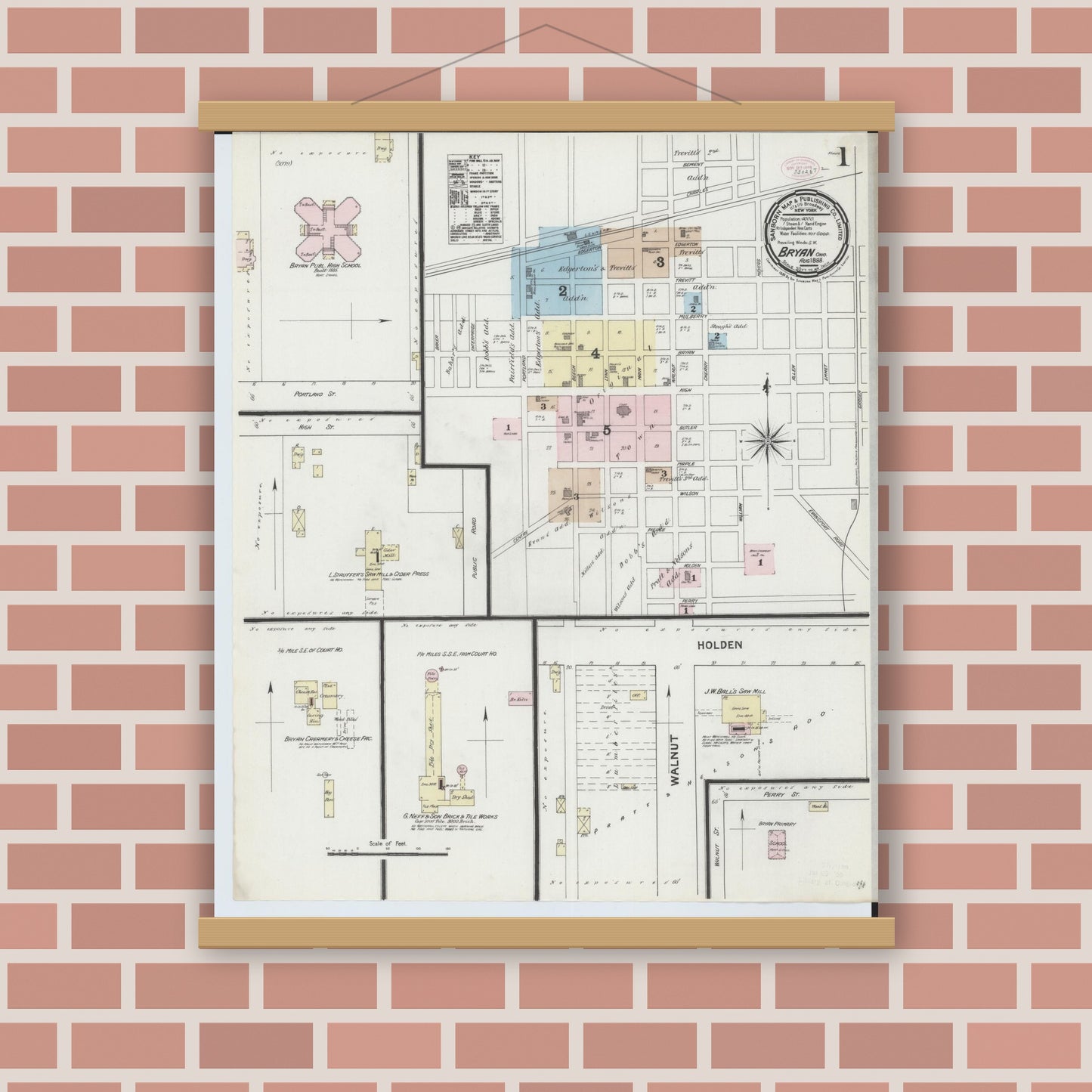 Old map wall art mockup — magnetic wood frame on brick wall — Sanborn Fire Insurance Map from Bryan, Williams County, Ohio (1888) - Complete Map Set