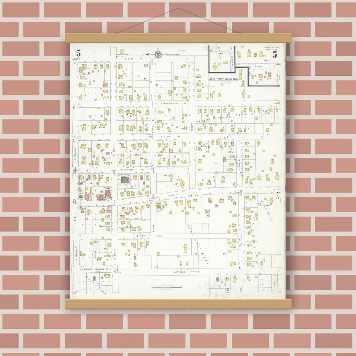 Old map wall art mockup — magnetic wood frame on brick wall — Sanborn Fire Insurance Map from Viroqua, Vernon County, Wisconsin (1933), Sheet #0005