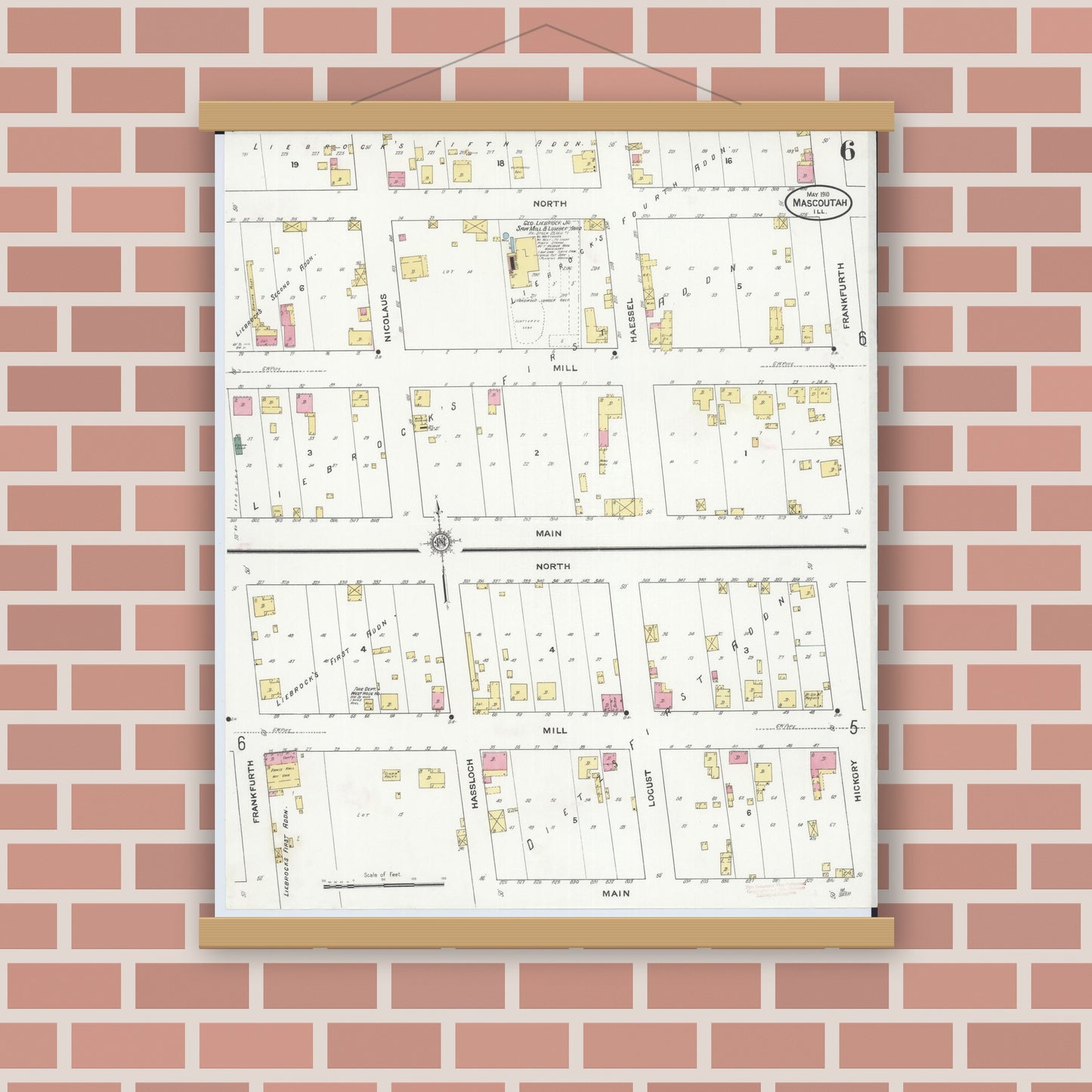 Old map wall art mockup — magnetic wood frame on brick wall — Sanborn Fire Insurance Map from Mascoutah, Saint Clair County, Illinois (1910), Sheet #0006