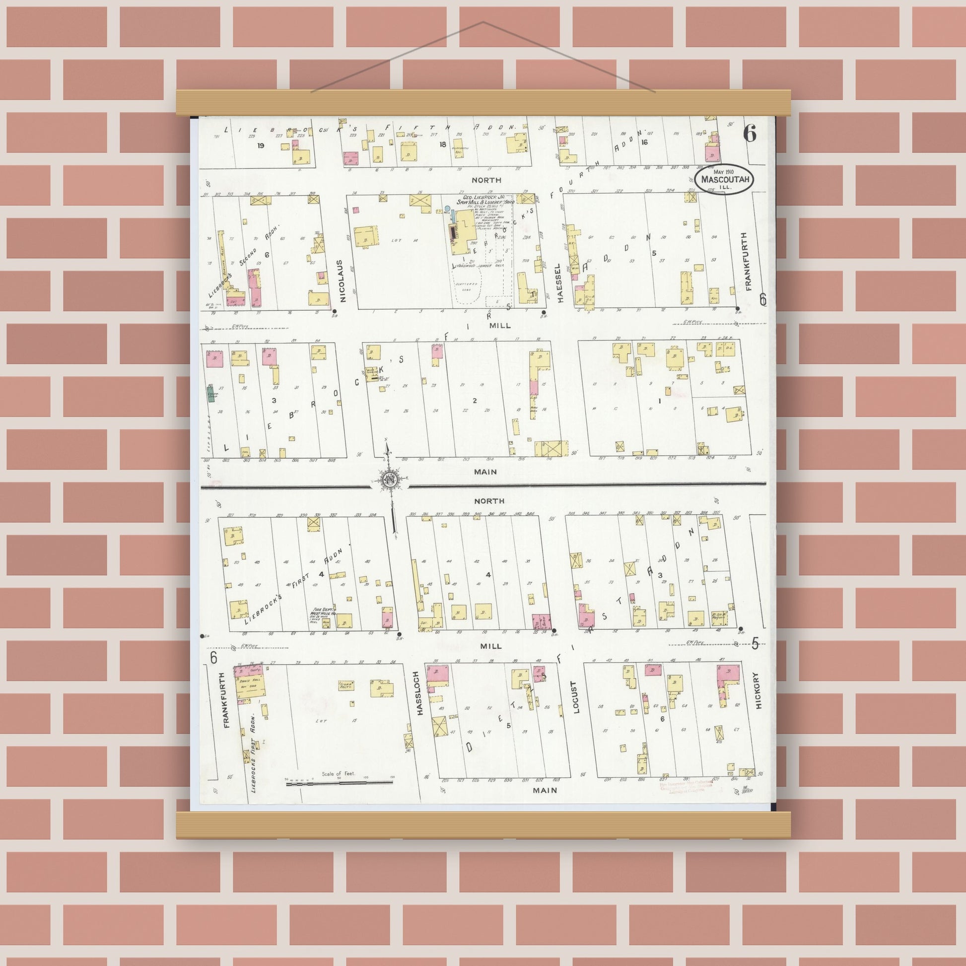 Old map wall art mockup — magnetic wood frame on brick wall — Sanborn Fire Insurance Map from Mascoutah, Saint Clair County, Illinois (1910), Sheet #0006
