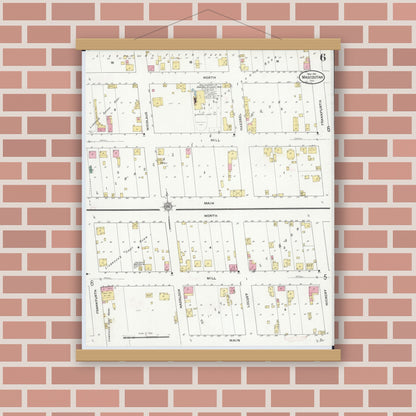 Old map wall art mockup — magnetic wood frame on brick wall — Sanborn Fire Insurance Map from Mascoutah, Saint Clair County, Illinois (1910), Sheet #0006