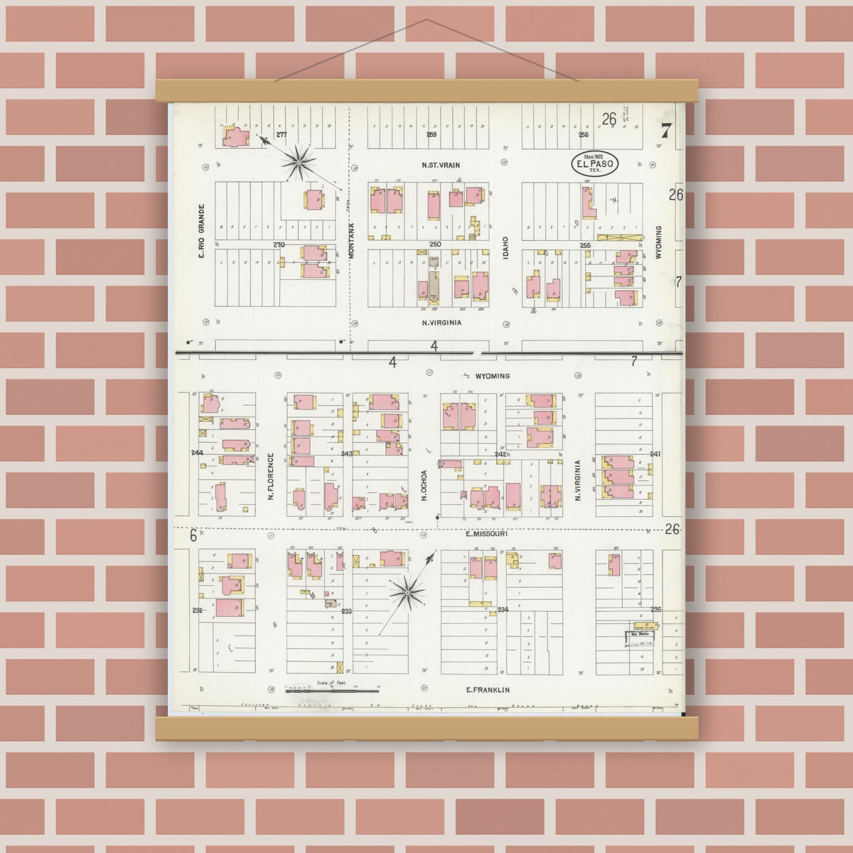 Old map wall art mockup — magnetic wood frame on brick wall — Sanborn Fire Insurance Map from El Paso, El Paso County, Texas (1902), Sheet #0007