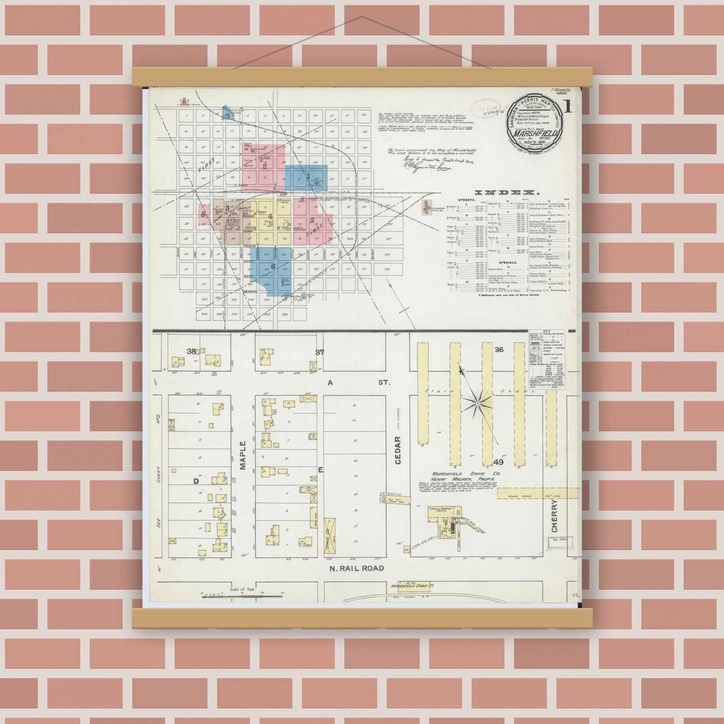 Old map wall art mockup — magnetic wood frame on brick wall — Sanborn Fire Insurance Map from Marshfield, Wood County, Wisconsin (1891), Sheet #0001