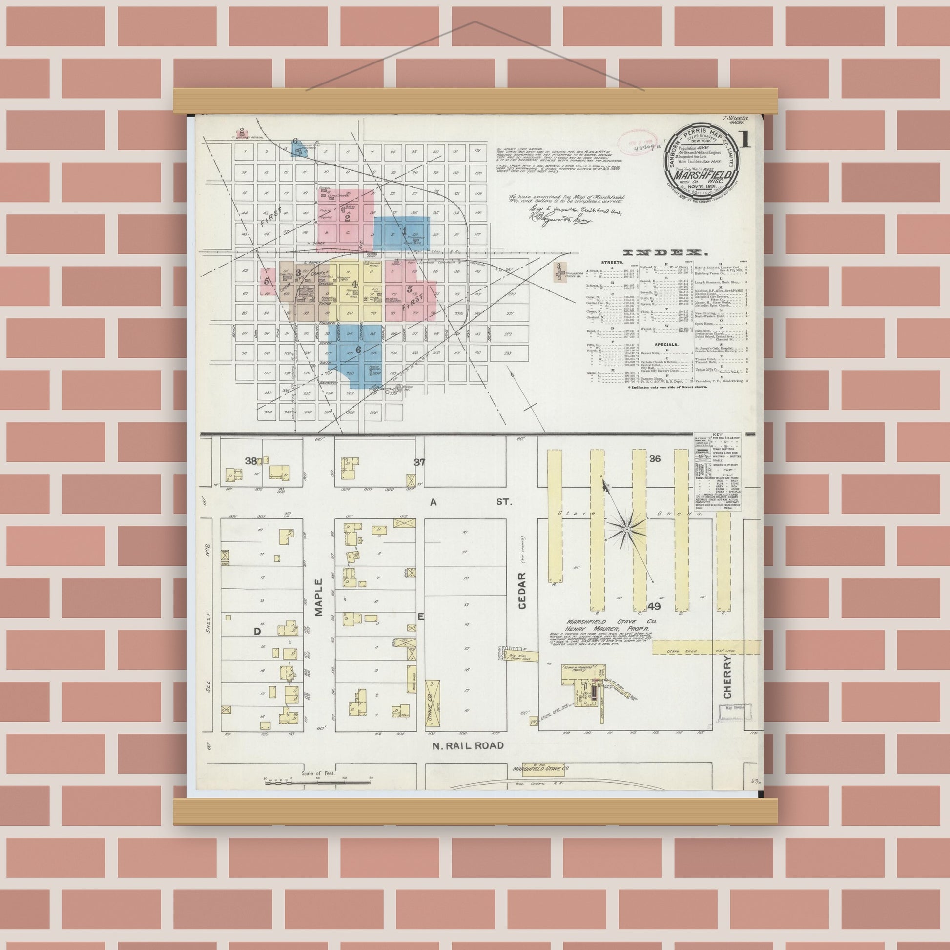 Old map wall art mockup — magnetic wood frame on brick wall — Sanborn Fire Insurance Map from Marshfield, Wood County, Wisconsin (1891), Sheet #0001