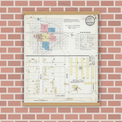 Old map wall art mockup — magnetic wood frame on brick wall — Sanborn Fire Insurance Map from Marshfield, Wood County, Wisconsin (1891), Sheet #0001