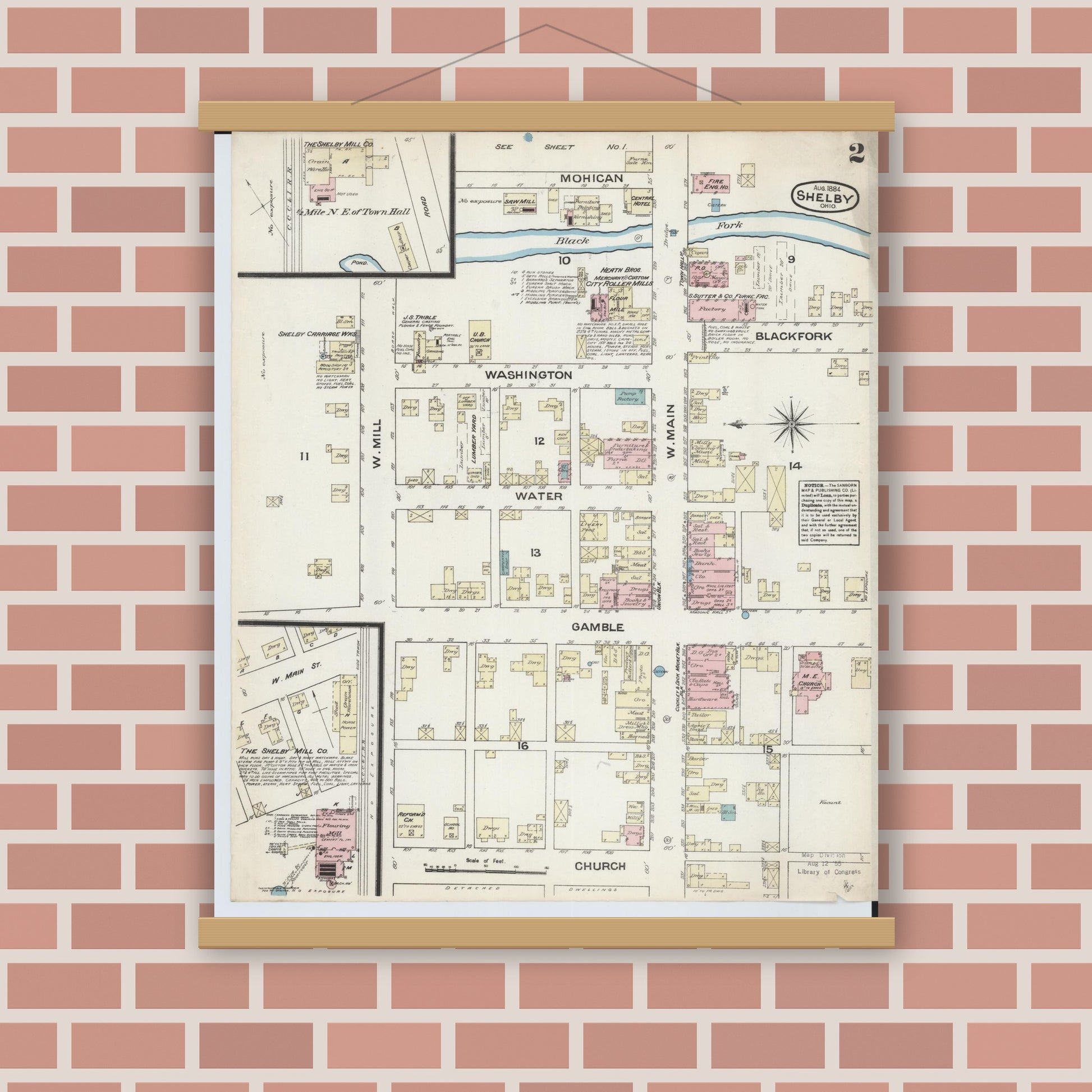 Old map wall art mockup — magnetic wood frame on brick wall — Sanborn Fire Insurance Map from Shelby, Ricland County, Ohio (1884), Sheet #0002