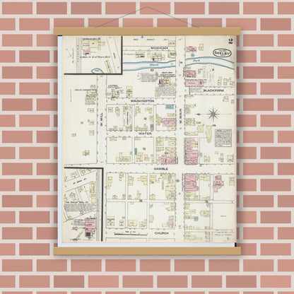 Old map wall art mockup — magnetic wood frame on brick wall — Sanborn Fire Insurance Map from Shelby, Ricland County, Ohio (1884), Sheet #0002
