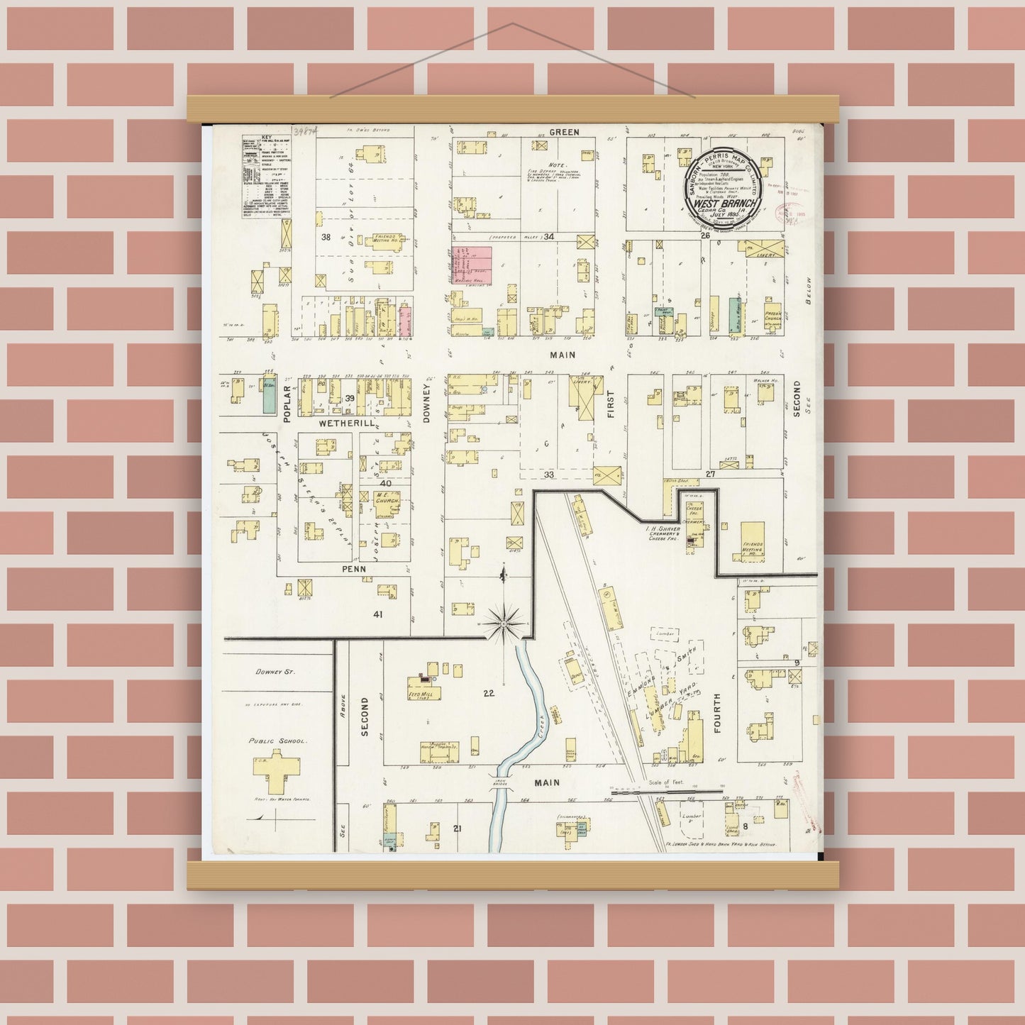 Old map wall art mockup — magnetic wood frame on brick wall — Sanborn Fire Insurance Map from West Branch, Cedar County, Iowa (1895), Sheet #0001